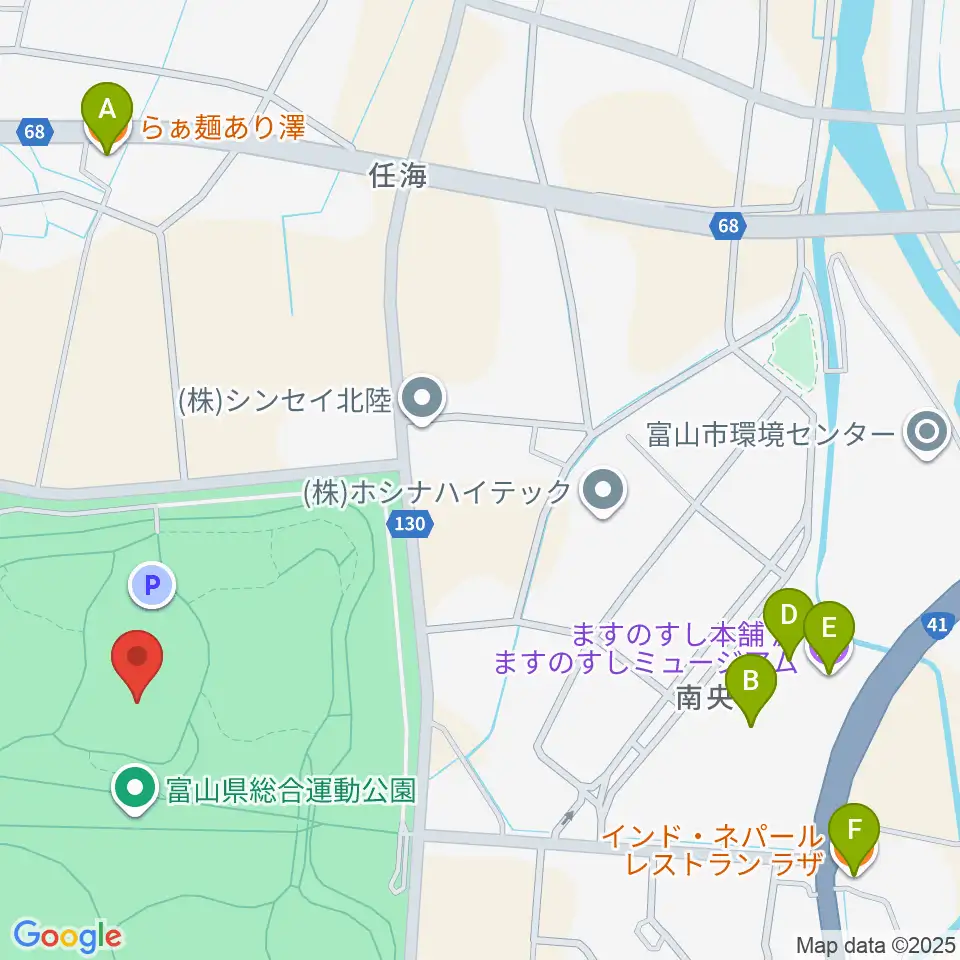 富山県総合運動公園屋内グラウンド周辺のファミレス・ファーストフード一覧地図