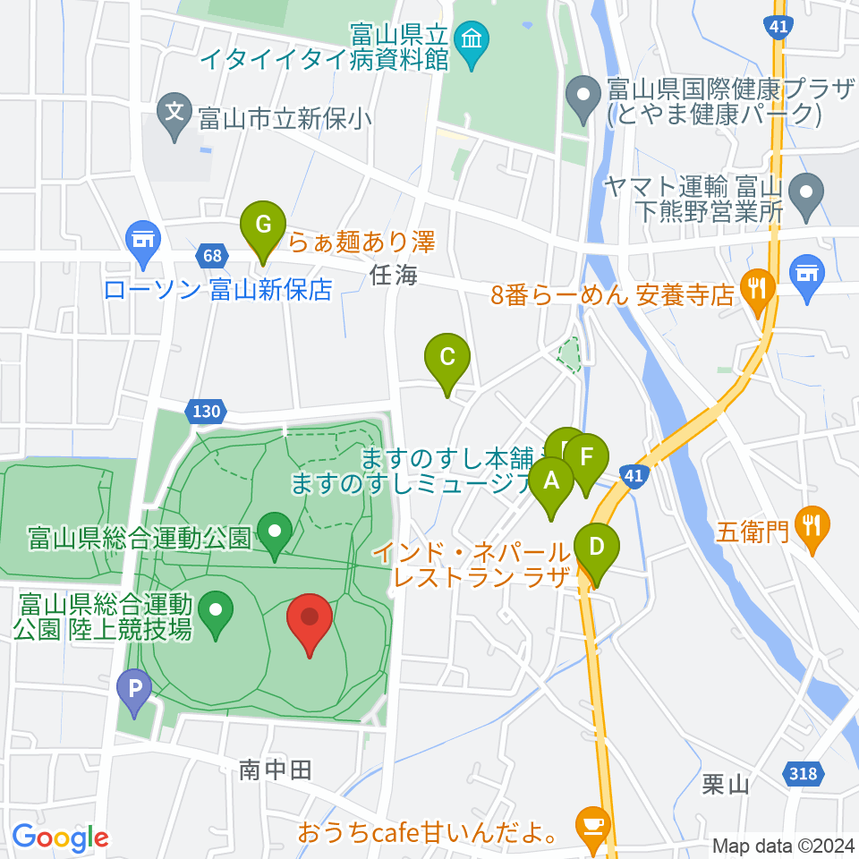 富山県総合運動公園補助競技場周辺のファミレス・ファーストフード一覧地図
