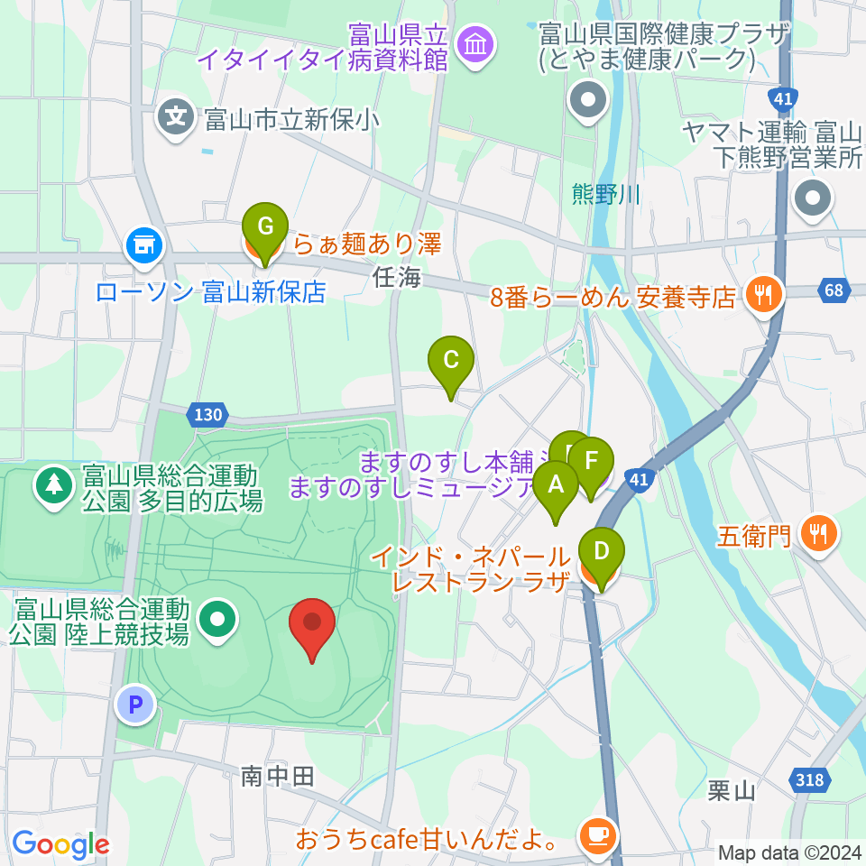 富山県総合運動公園補助競技場周辺のファミレス・ファーストフード一覧地図