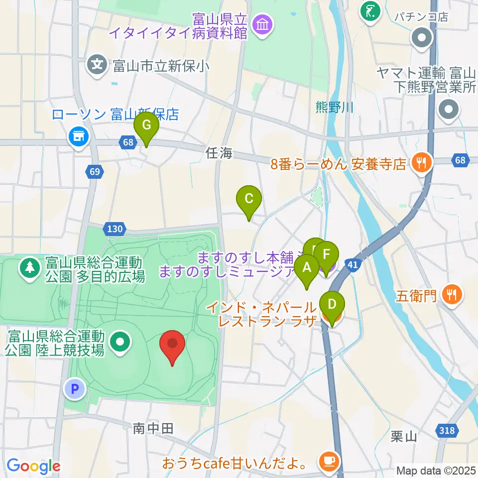 富山県総合運動公園補助競技場周辺のファミレス・ファーストフード一覧地図