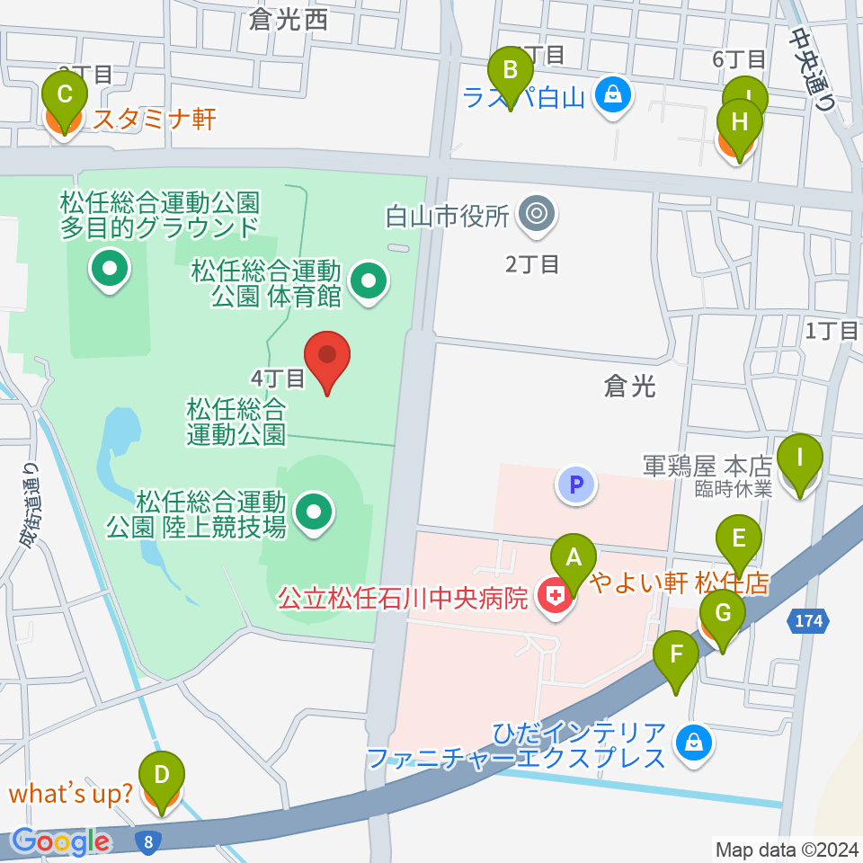 松任総合運動公園水泳プール周辺のファミレス・ファーストフード一覧地図