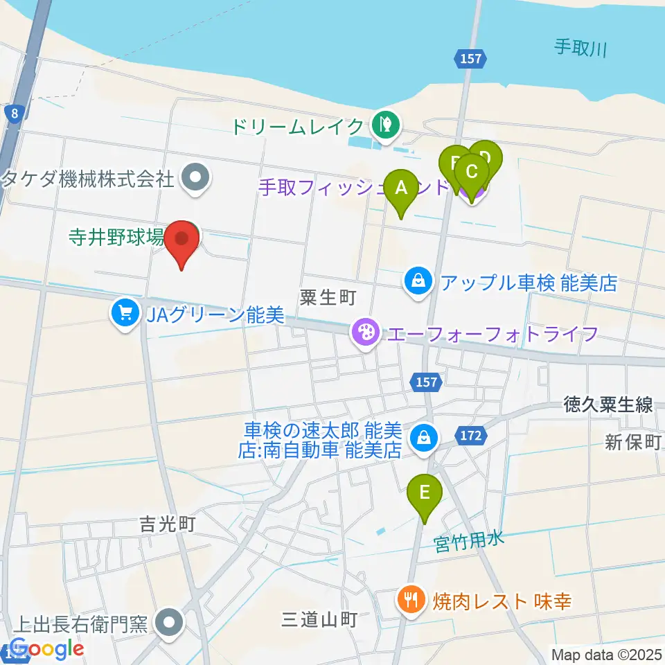 寺井野球場周辺のファミレス・ファーストフード一覧地図