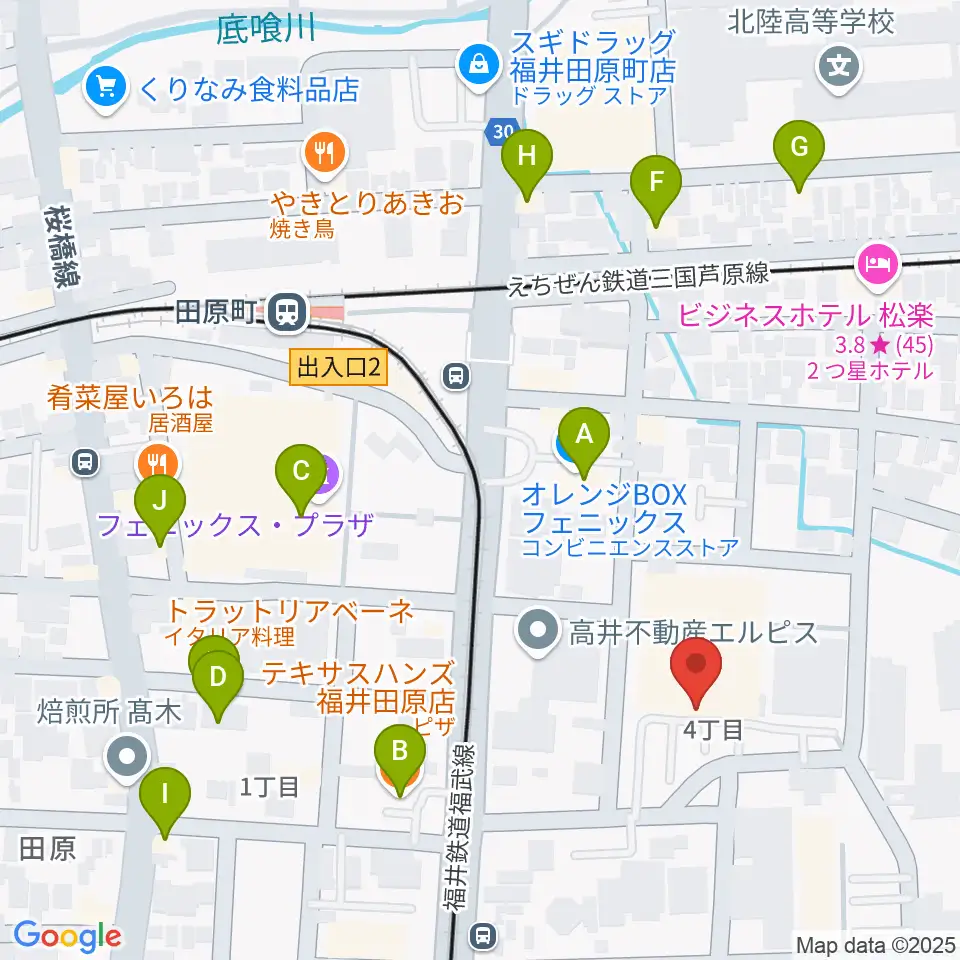 福井市体育館周辺のファミレス・ファーストフード一覧地図