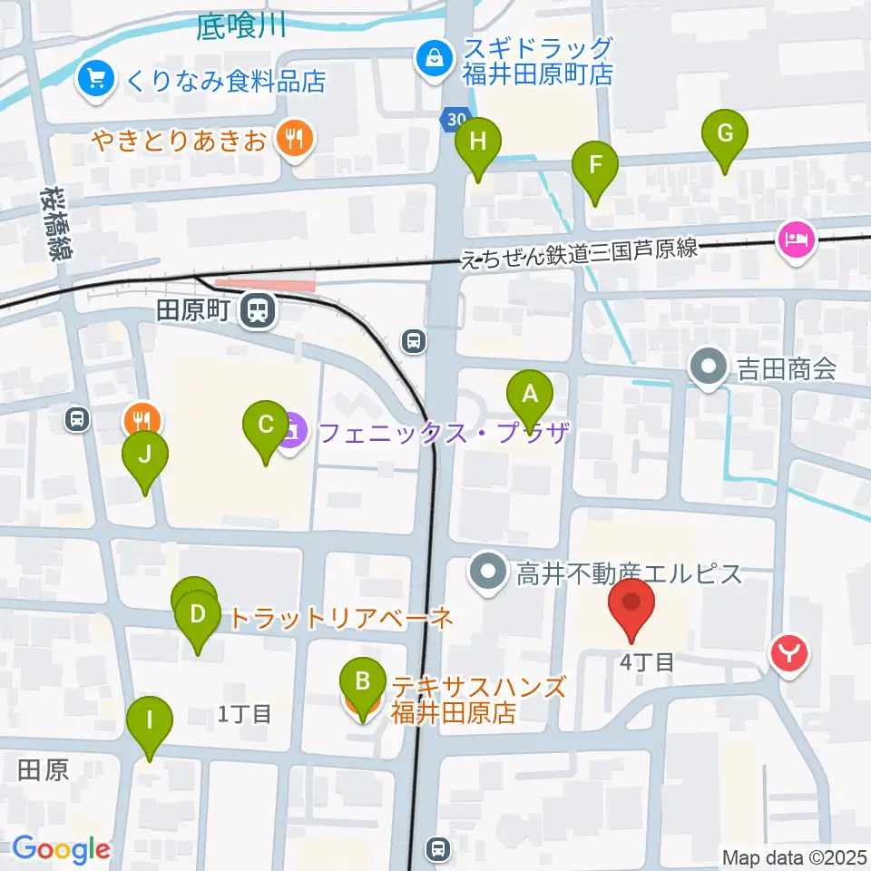 福井市体育館周辺のファミレス・ファーストフード一覧地図
