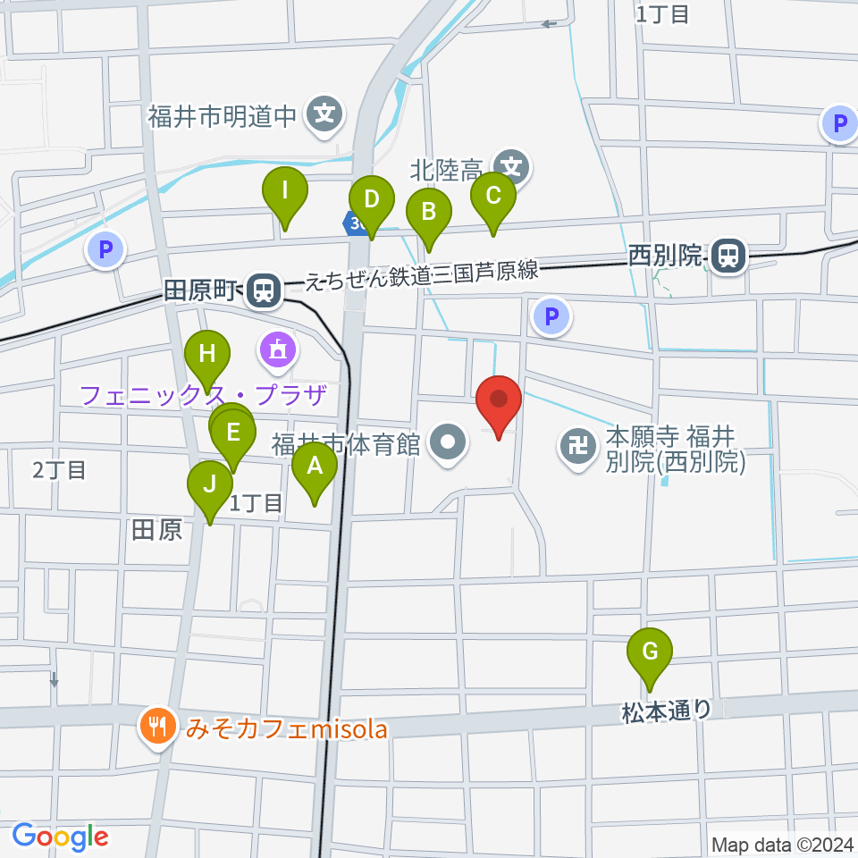 福井市弓道場周辺のファミレス・ファーストフード一覧地図