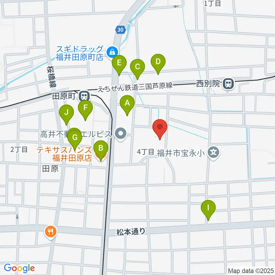 福井市弓道場周辺のファミレス・ファーストフード一覧地図