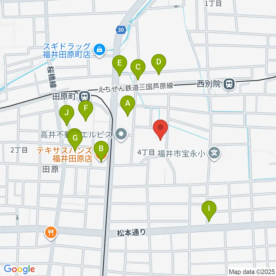 福井市弓道場周辺のファミレス・ファーストフード一覧地図