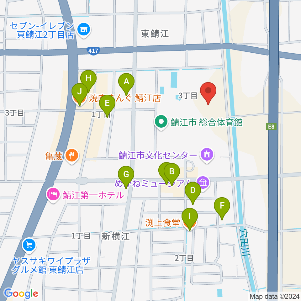 鯖江市東公園陸上競技場周辺のファミレス・ファーストフード一覧地図