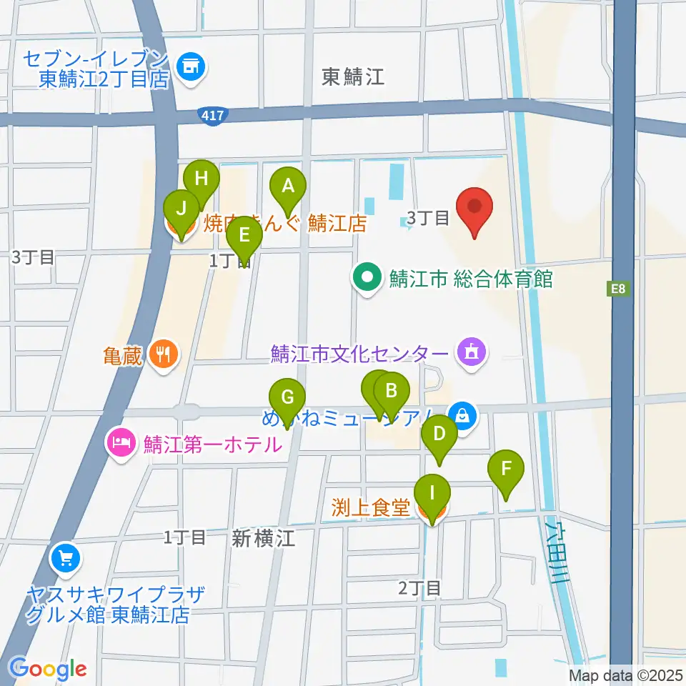 鯖江市東公園陸上競技場周辺のファミレス・ファーストフード一覧地図