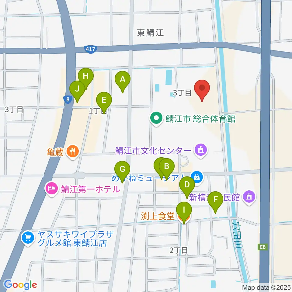 鯖江市東公園陸上競技場周辺のファミレス・ファーストフード一覧地図