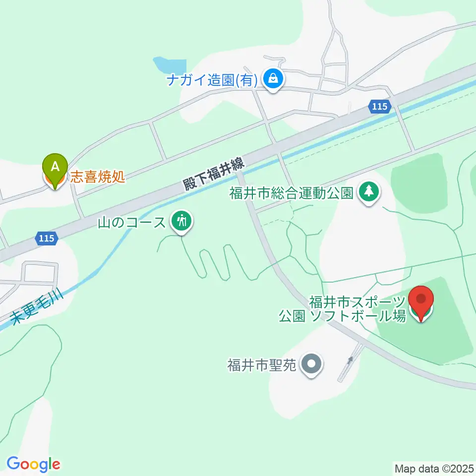 福井市スポーツ公園ソフトボール場周辺のファミレス・ファーストフード一覧地図