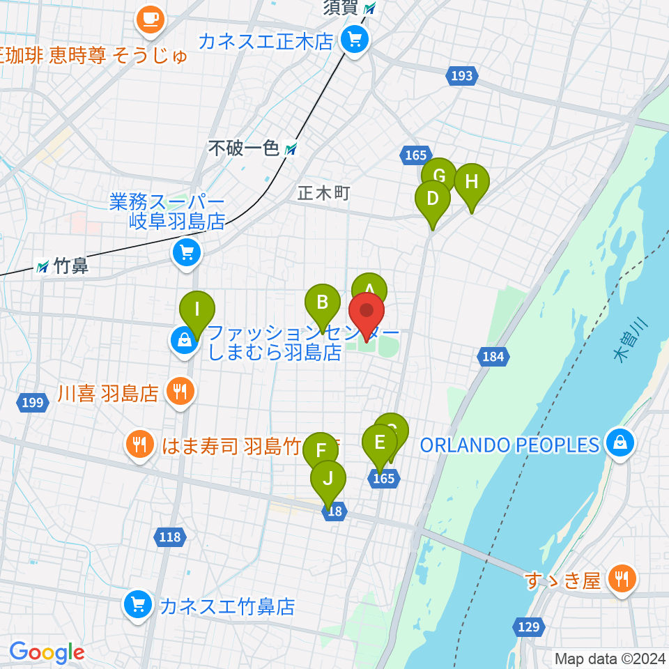 羽島市運動公園多目的広場周辺のファミレス・ファーストフード一覧地図