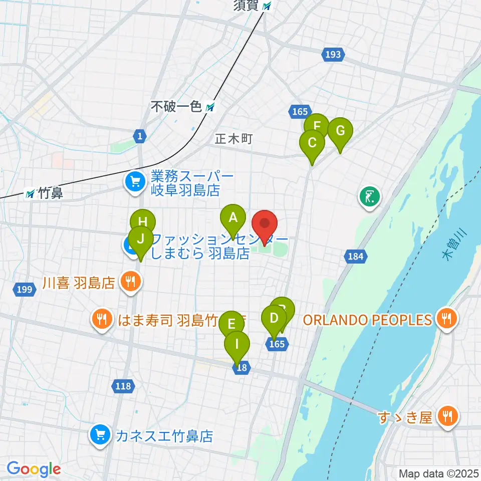 羽島市運動公園多目的広場周辺のファミレス・ファーストフード一覧地図