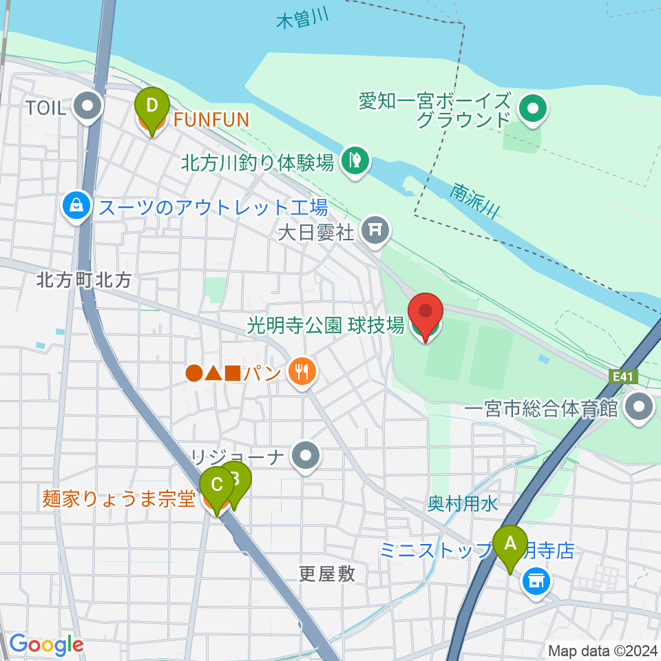 光明寺公園球技場周辺のファミレス・ファーストフード一覧地図