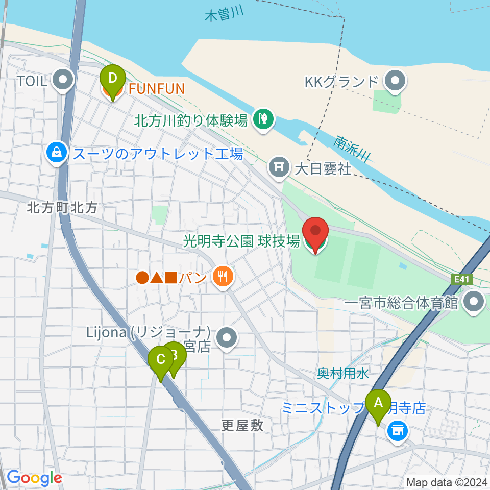 光明寺公園球技場周辺のファミレス・ファーストフード一覧地図