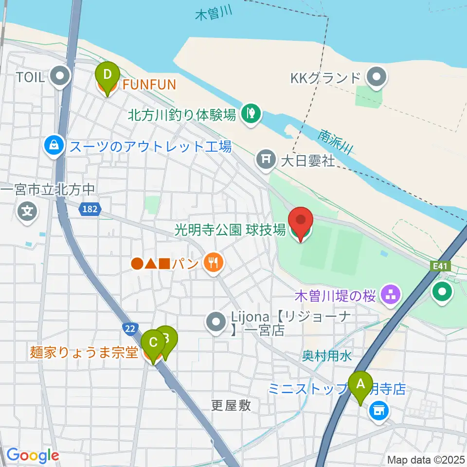 光明寺公園球技場周辺のファミレス・ファーストフード一覧地図