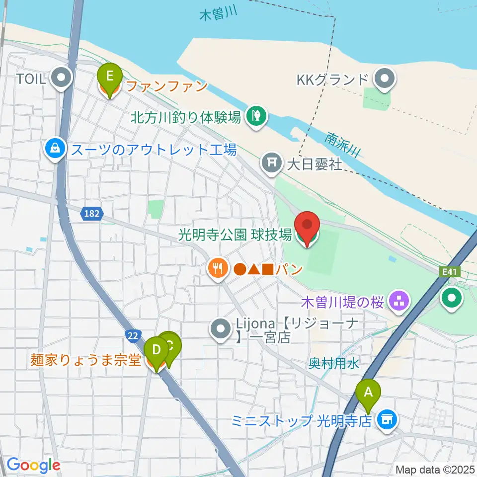 光明寺公園球技場周辺のファミレス・ファーストフード一覧地図