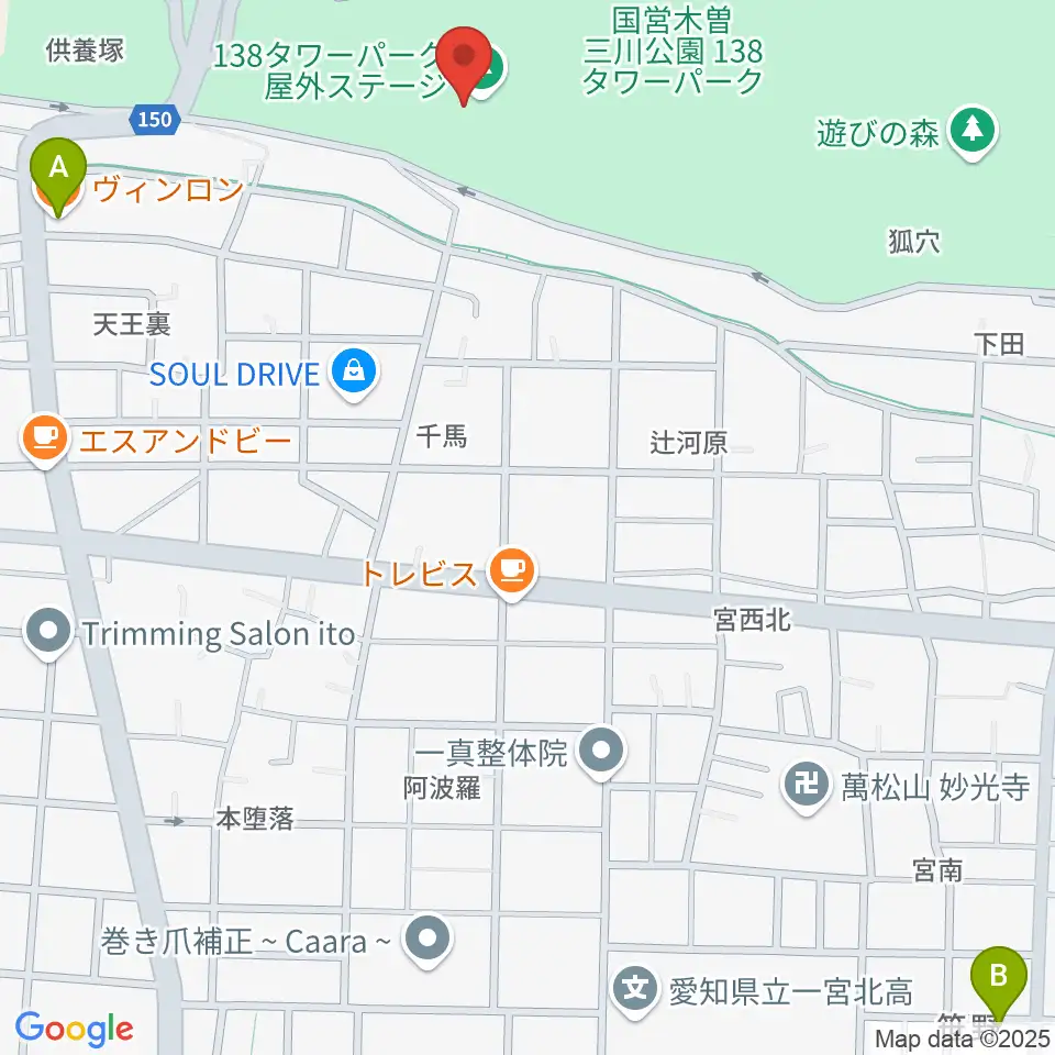 138タワーパーク野外ステージ周辺のファミレス・ファーストフード一覧地図