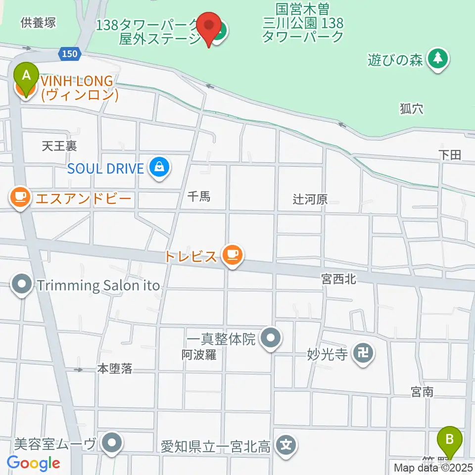 138タワーパーク野外ステージ周辺のファミレス・ファーストフード一覧地図