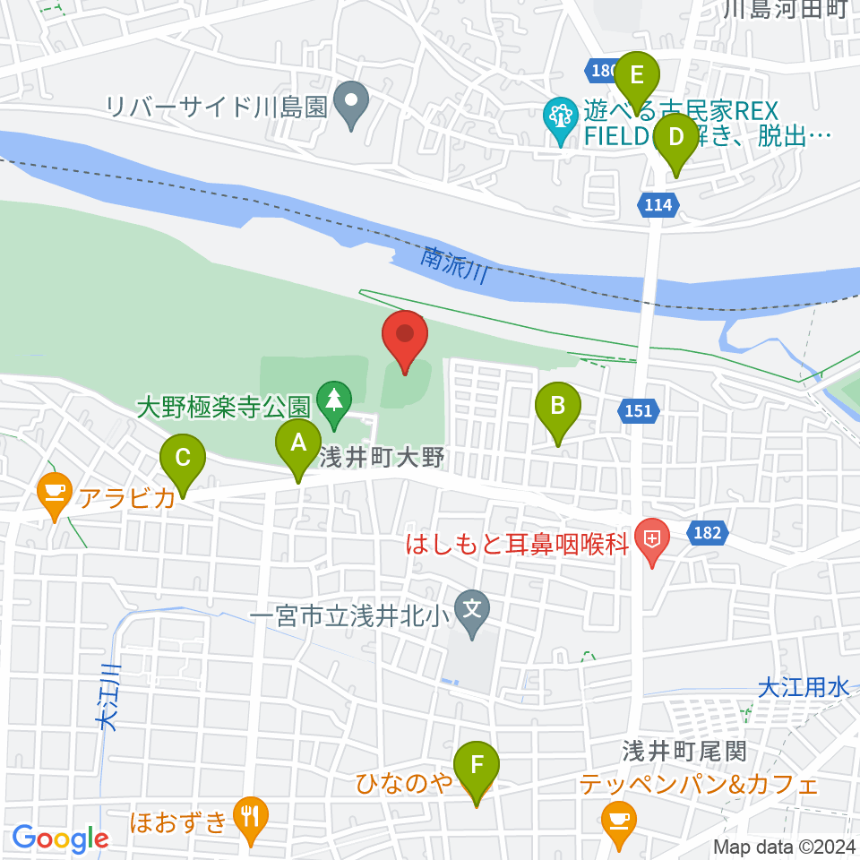 大野極楽寺公園野球場周辺のファミレス・ファーストフード一覧地図