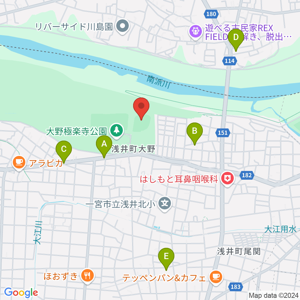 大野極楽寺公園野球場周辺のファミレス・ファーストフード一覧地図