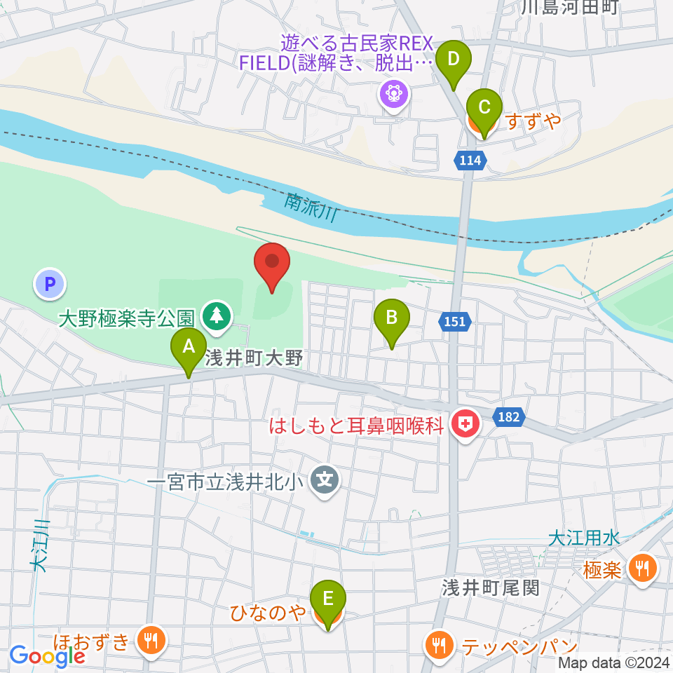 大野極楽寺公園野球場周辺のファミレス・ファーストフード一覧地図