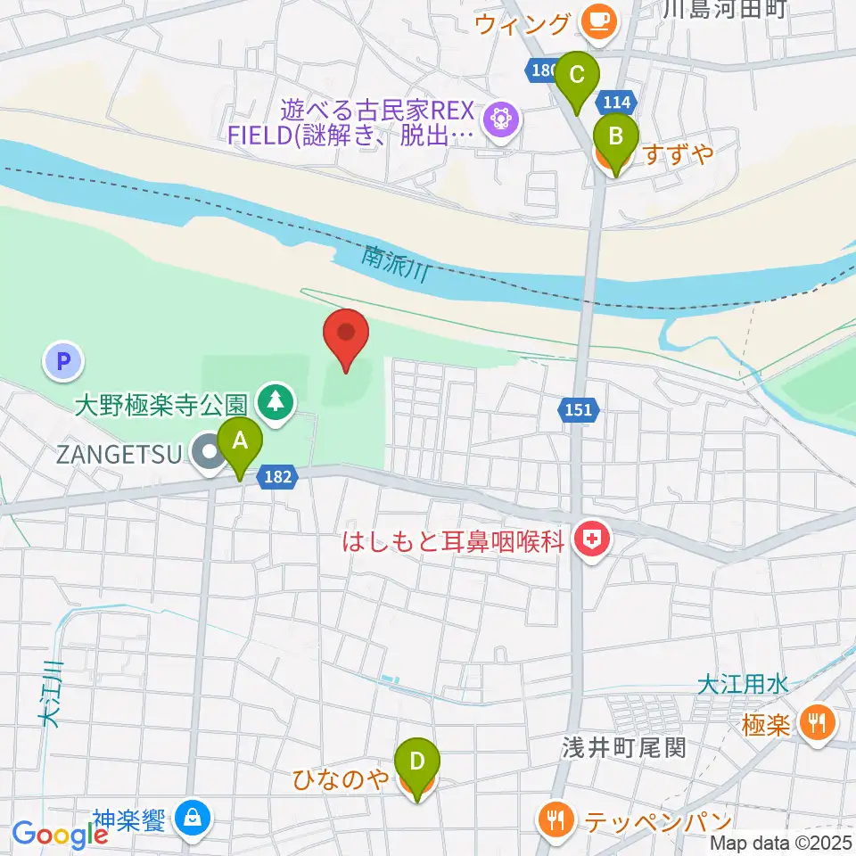 大野極楽寺公園野球場周辺のファミレス・ファーストフード一覧地図