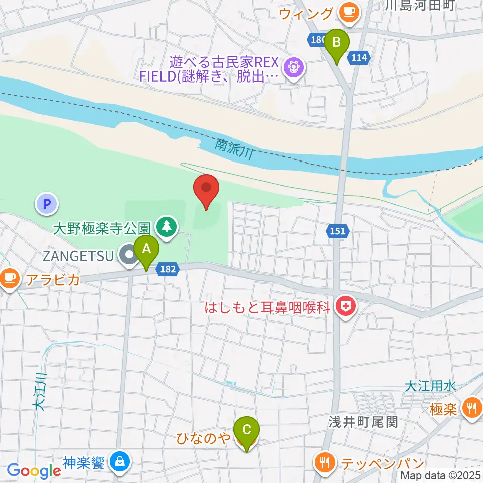 大野極楽寺公園野球場周辺のファミレス・ファーストフード一覧地図