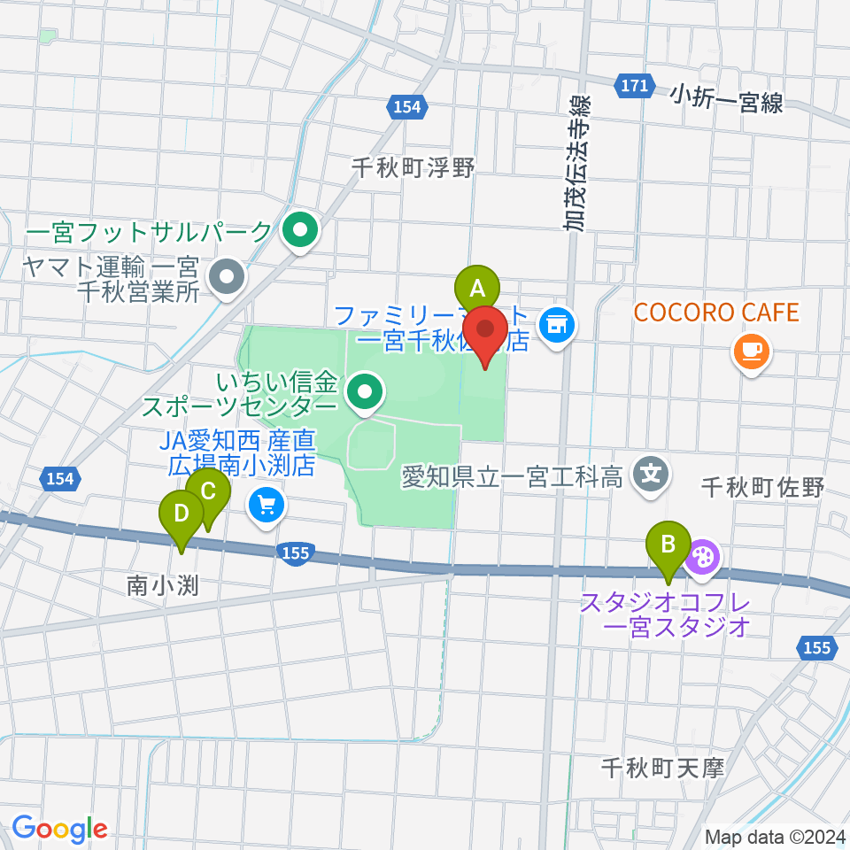 いちい信金スポーツセンター多目的競技場周辺のファミレス・ファーストフード一覧地図