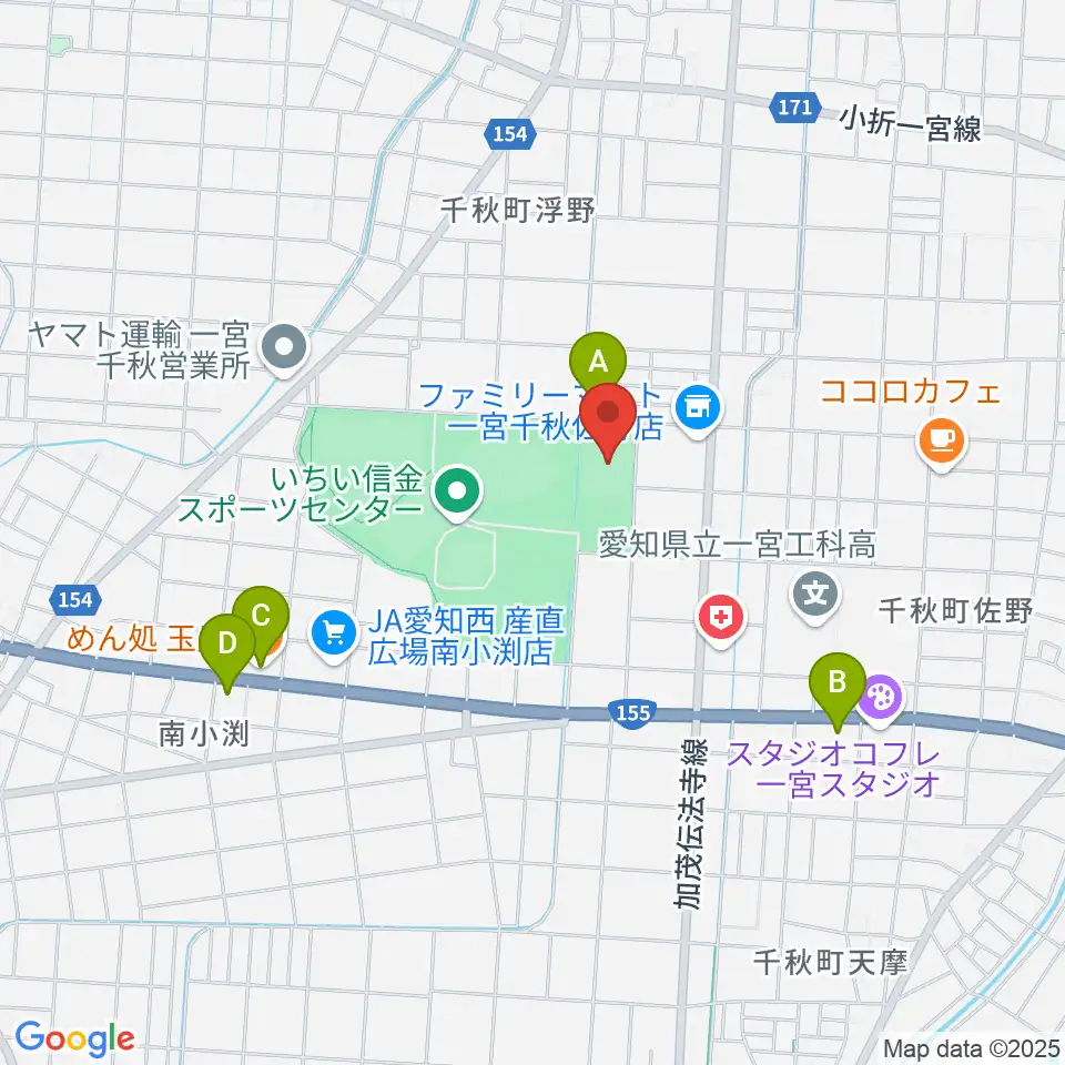 いちい信金スポーツセンター多目的競技場周辺のファミレス・ファーストフード一覧地図