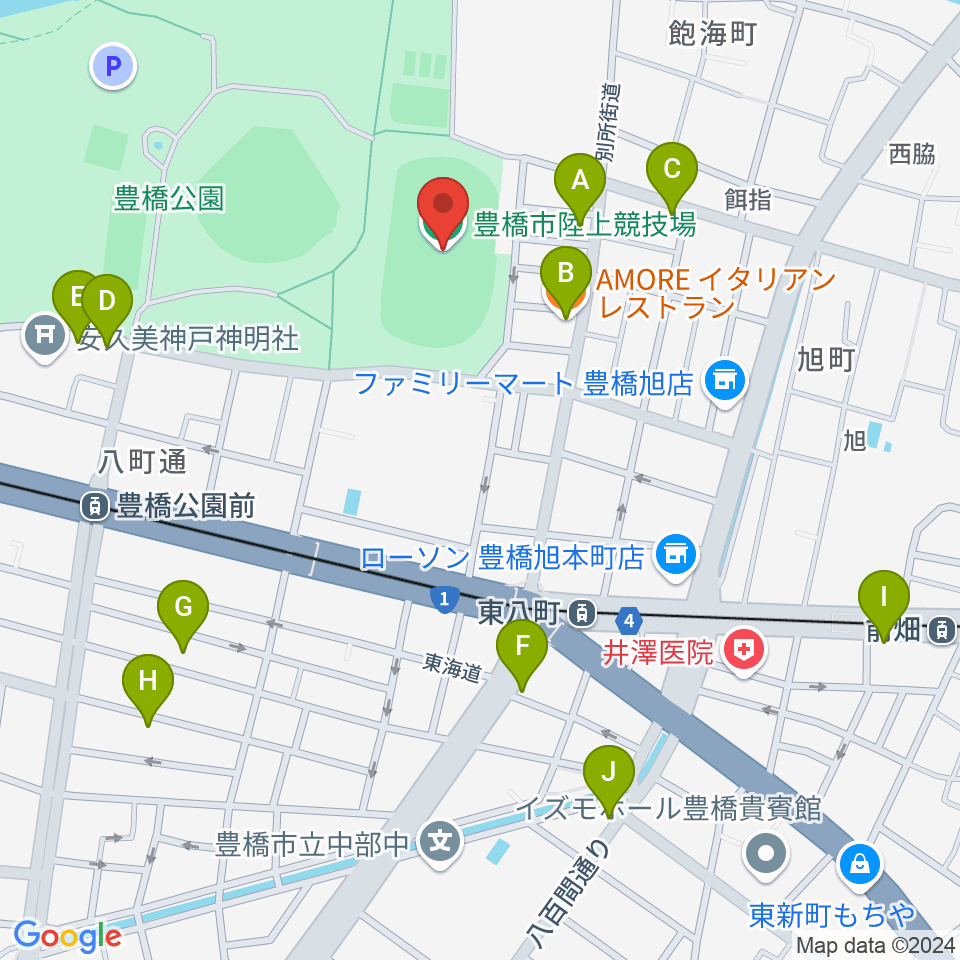 豊橋市陸上競技場周辺のファミレス・ファーストフード一覧地図