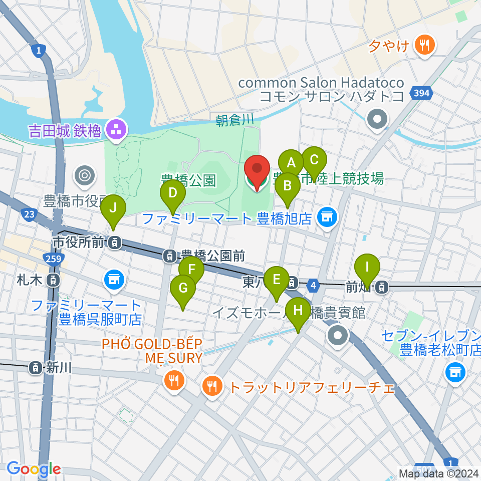 豊橋市陸上競技場周辺のファミレス・ファーストフード一覧地図