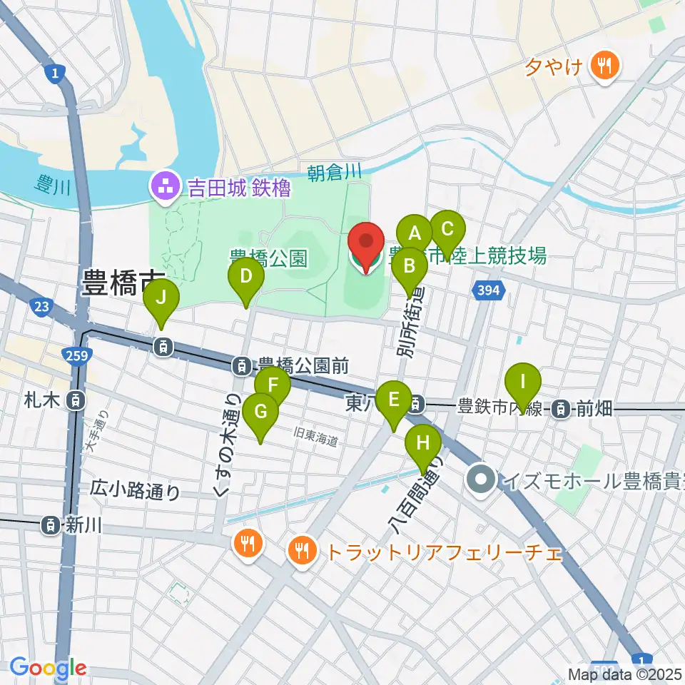 豊橋市陸上競技場周辺のファミレス・ファーストフード一覧地図