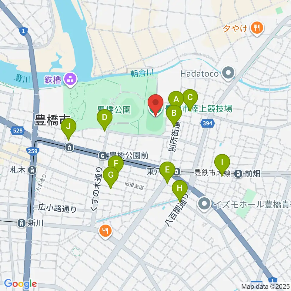 豊橋市陸上競技場周辺のファミレス・ファーストフード一覧地図