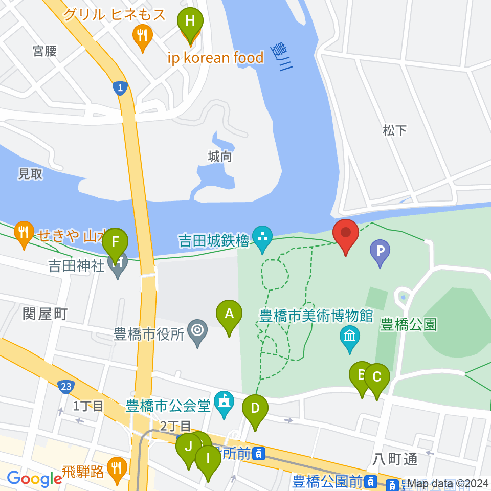 豊橋市三の丸会館周辺のファミレス・ファーストフード一覧地図