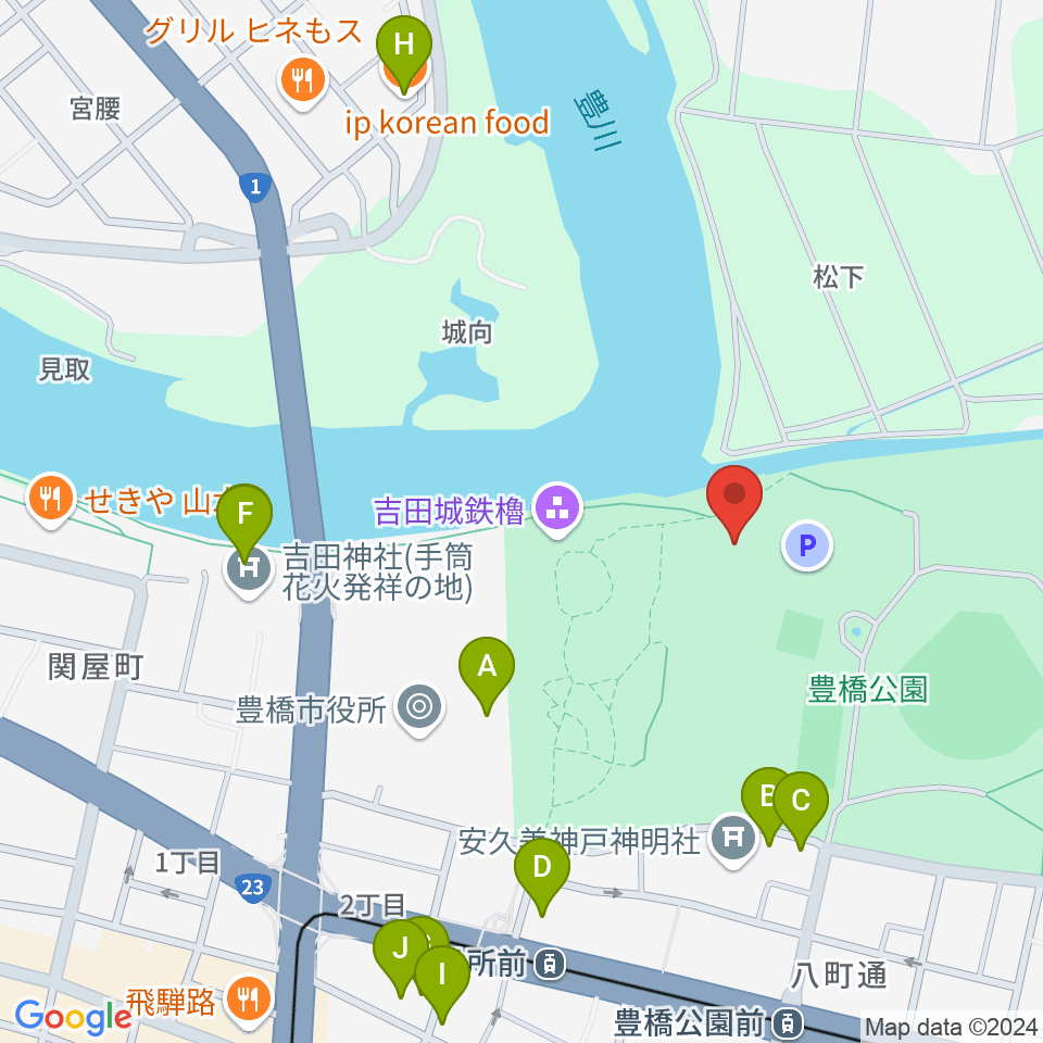 豊橋市三の丸会館周辺のファミレス・ファーストフード一覧地図