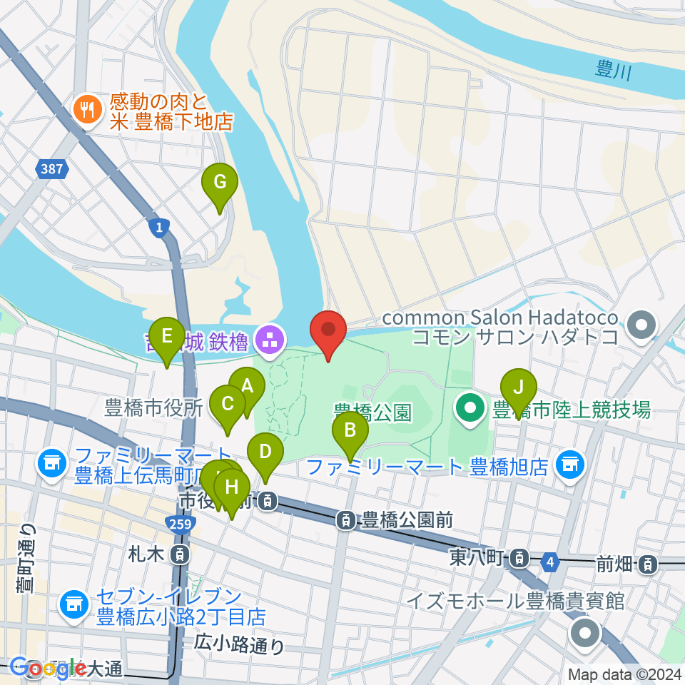 豊橋市三の丸会館周辺のファミレス・ファーストフード一覧地図