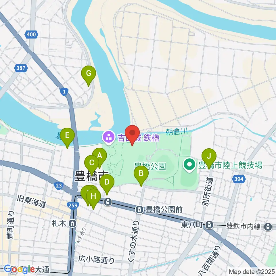 豊橋市三の丸会館周辺のファミレス・ファーストフード一覧地図