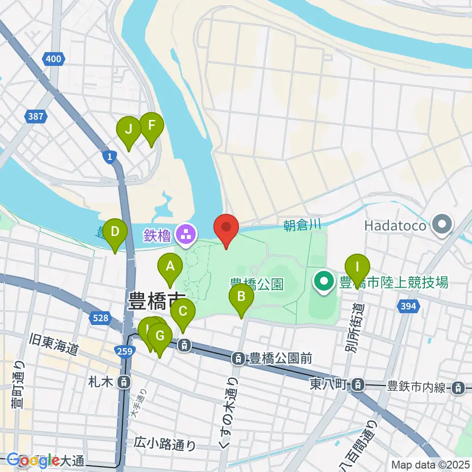 豊橋市三の丸会館周辺のファミレス・ファーストフード一覧地図