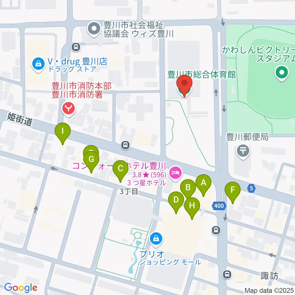 豊川市総合体育館周辺のファミレス・ファーストフード一覧地図