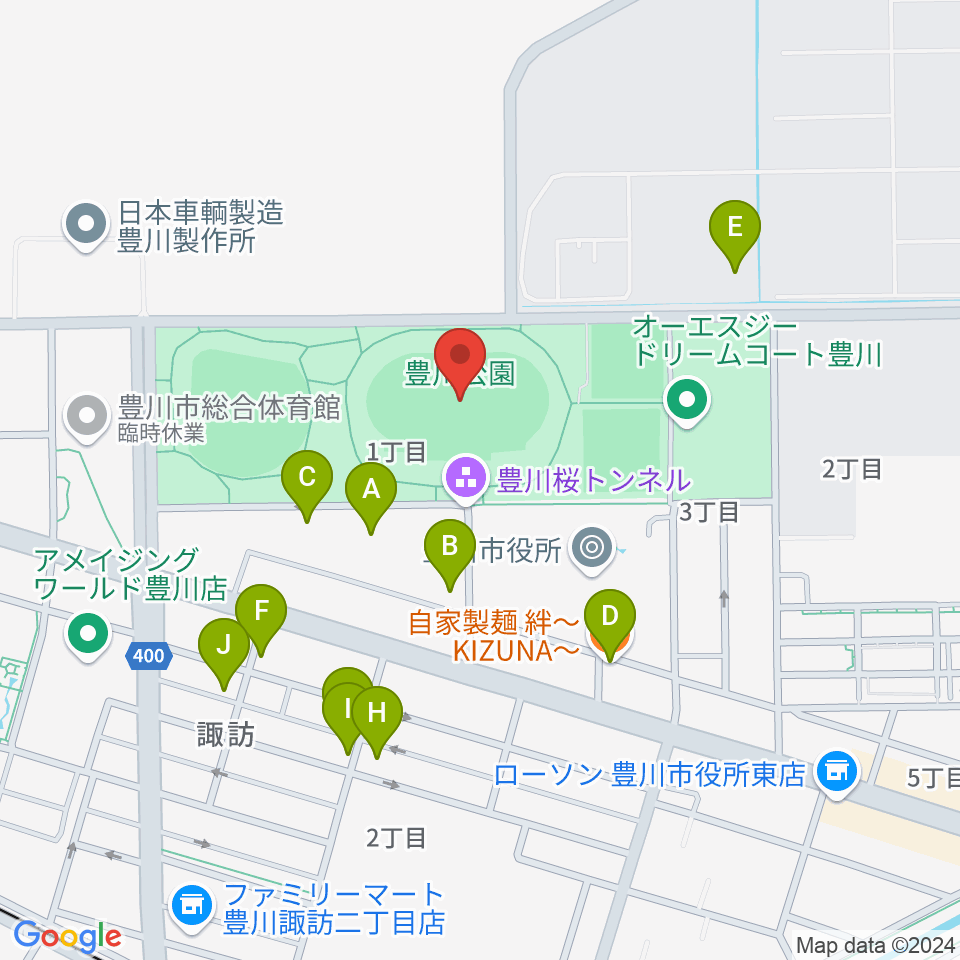 豊川市陸上競技場周辺のファミレス・ファーストフード一覧地図