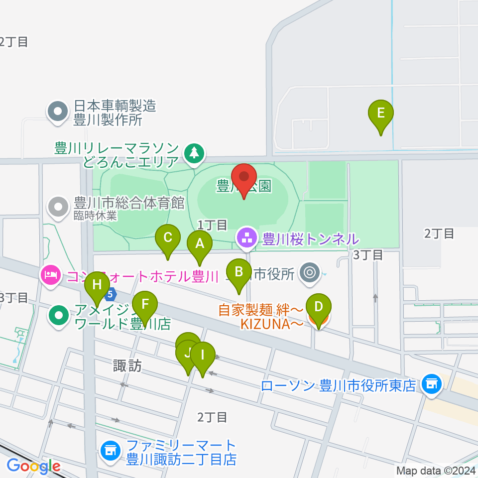 豊川市陸上競技場周辺のファミレス・ファーストフード一覧地図