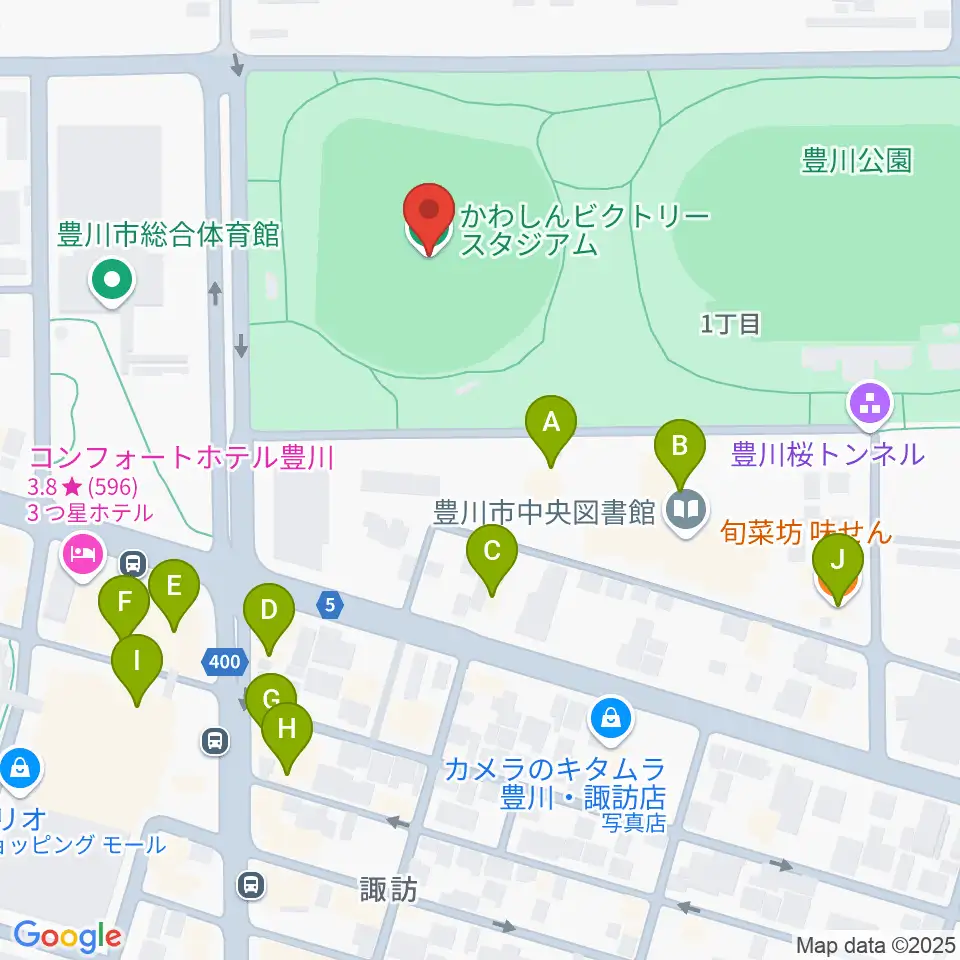 かわしんビクトリースタジアム周辺のファミレス・ファーストフード一覧地図