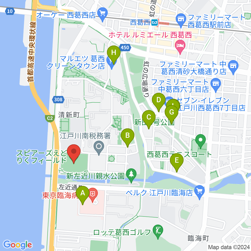 スピアーズえどりくフィールド周辺のファミレス・ファーストフード一覧地図