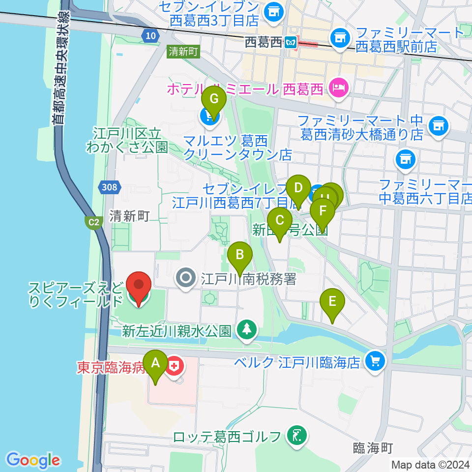 スピアーズえどりくフィールド周辺のファミレス・ファーストフード一覧地図