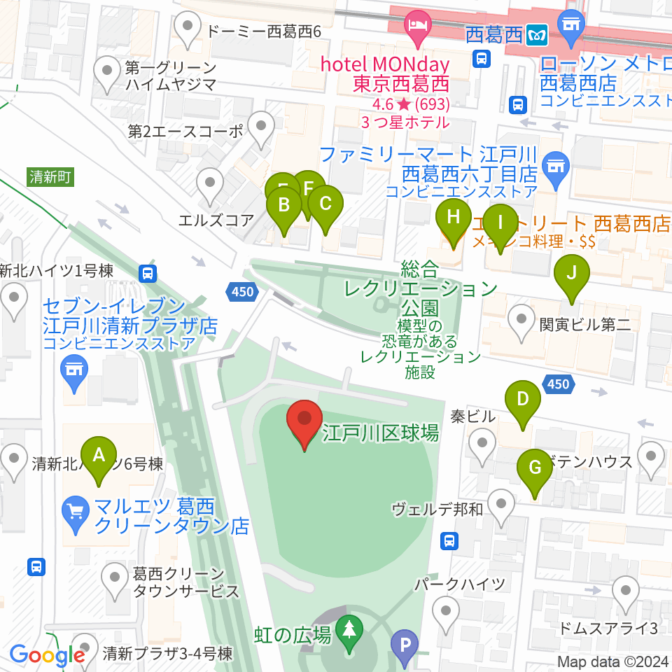 JPアセットスタジアム江戸川周辺のファミレス・ファーストフード一覧地図