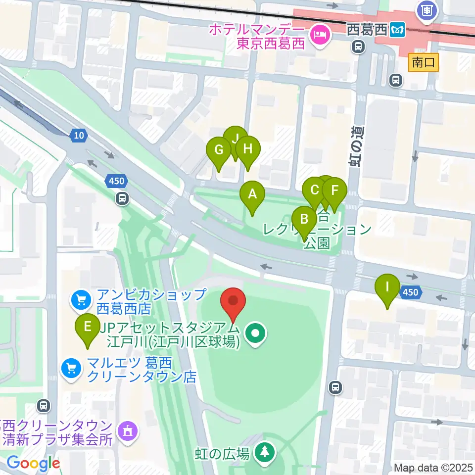 JPアセットスタジアム江戸川周辺のファミレス・ファーストフード一覧地図