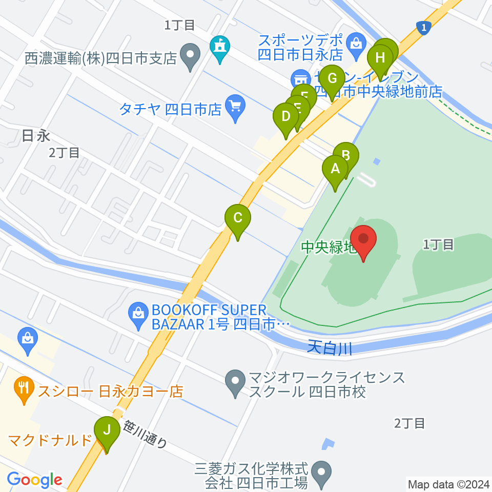 四日市市中央陸上競技場周辺のファミレス・ファーストフード一覧地図