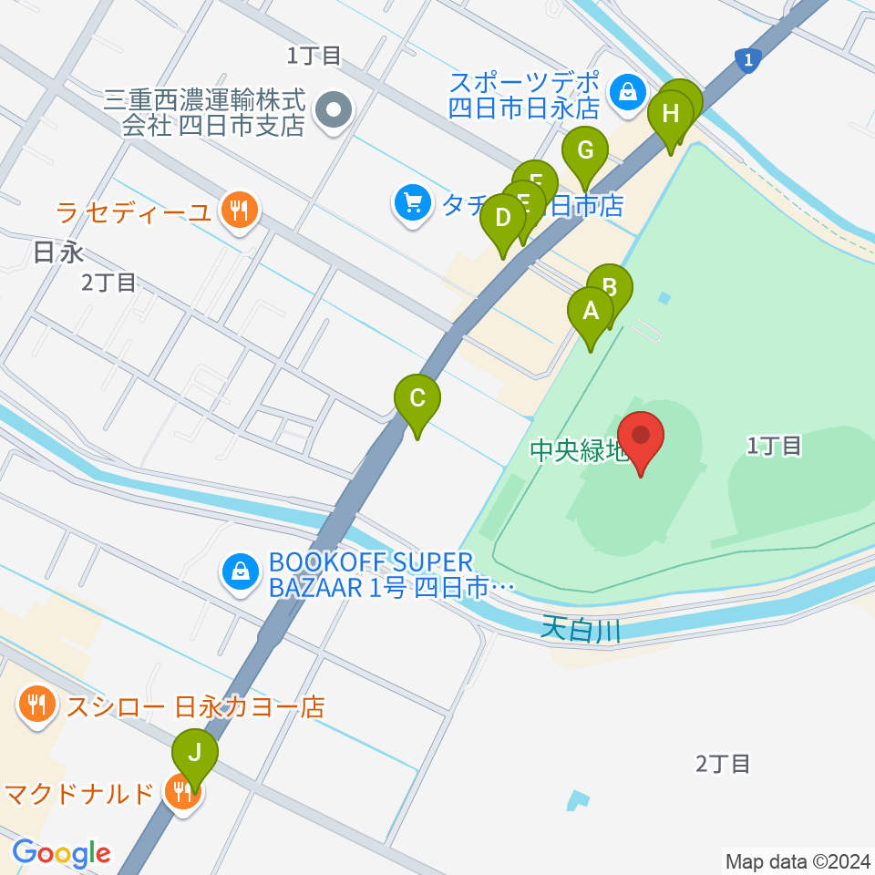 四日市市中央陸上競技場周辺のファミレス・ファーストフード一覧地図