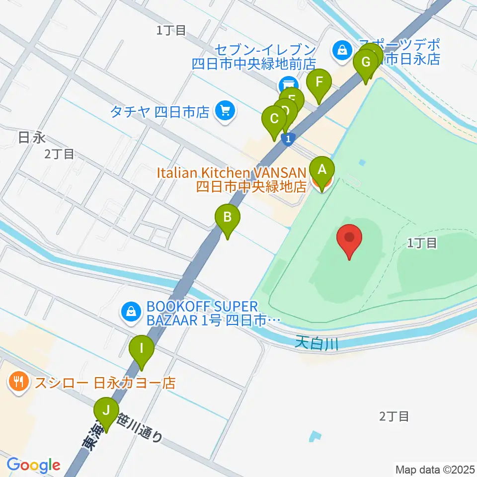 四日市市中央陸上競技場周辺のファミレス・ファーストフード一覧地図